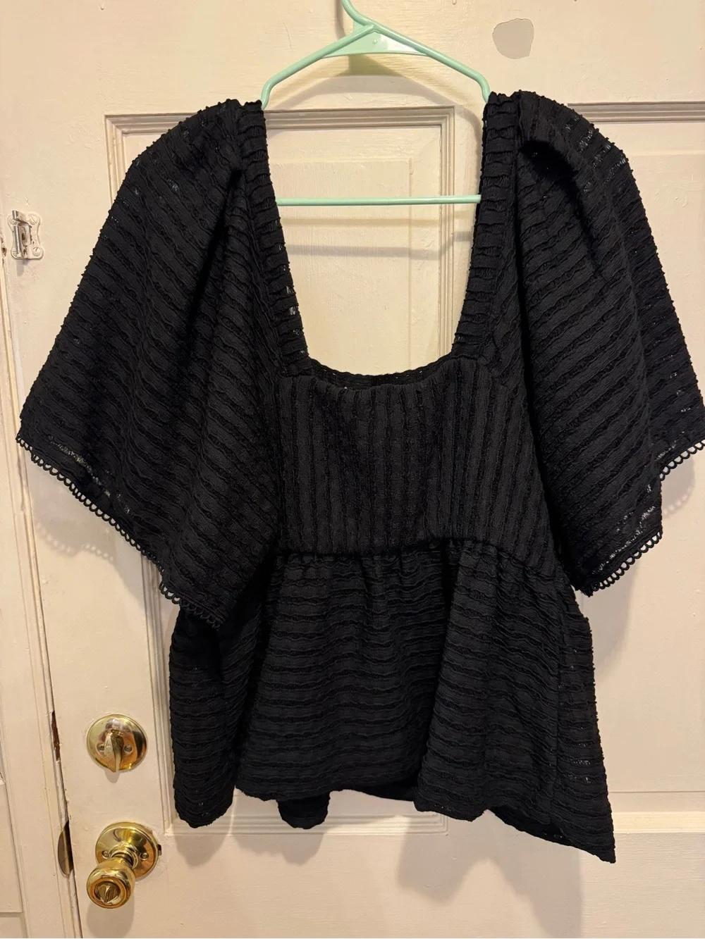 Anthropologie | Sarah Hann Black Peasant Top with White Crochet Panel